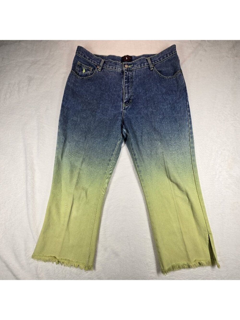 US Polo Assn Womens Vintage Neon Green Ombre Jeans Bootcut Denim Size 15/16